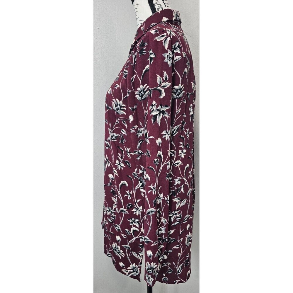 J. Jill Burgundy Floral Long Sleeve Button Up Tunic Pleated Shirt Blouse Size S - Picture 4 of 16